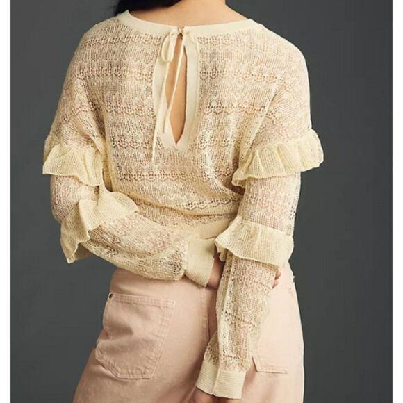 Anthropologie Women's Cream Sheer Open-Stitch Ruffle Pullover Sweater Size Small - Picture 2 of 10